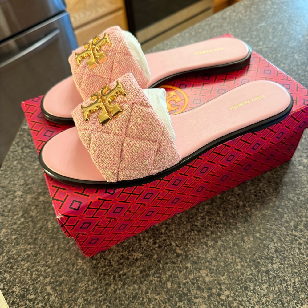 Tory Burch Pink Quilted Slide Sandals